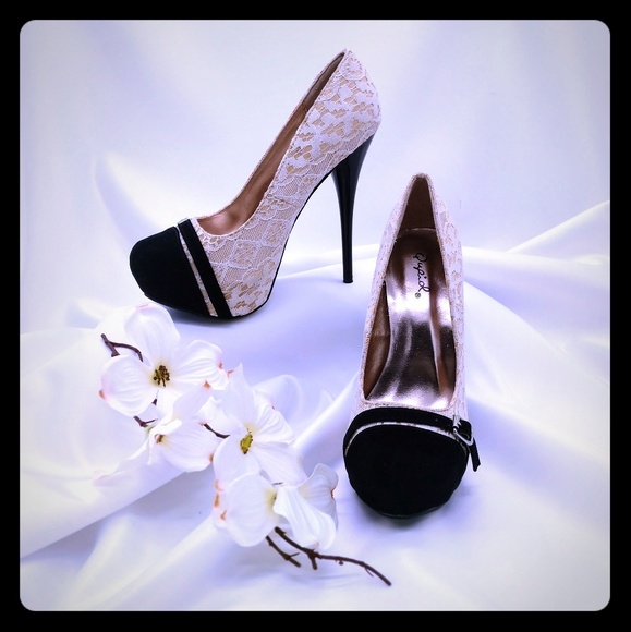 Qupid Shoes - Qupid 5" Stilleto Black Ivory Lace Buckle Front